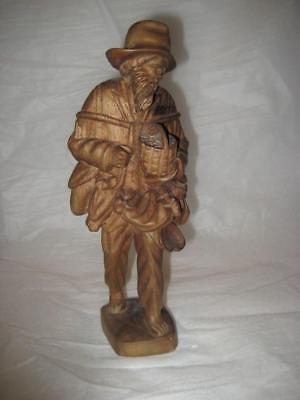 Rare Vintage 10" Hand Carved Old Man With Basket / Bedroll  ~ Wonderful Detail