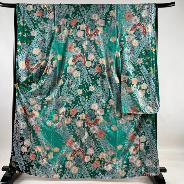 Woman Japanese Kimono Furisode Silk Butterfly Flower Gold Foil Somewake Green