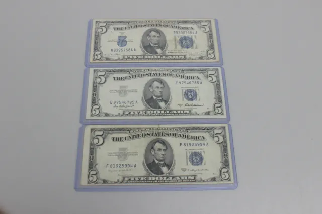 Lot of (3) U.S. $5 Five Dollar Silver Certificates 1934-D, 1953-A, 1953-B