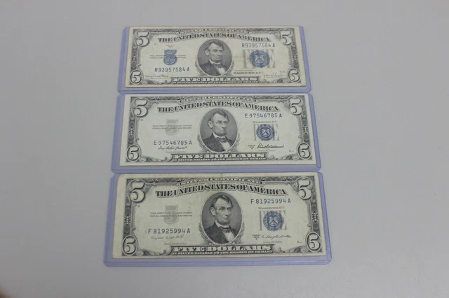 Lot of (3) U.S. $5 Five Dollar Silver Certificates 1934-D, 1953-A, 1953-B