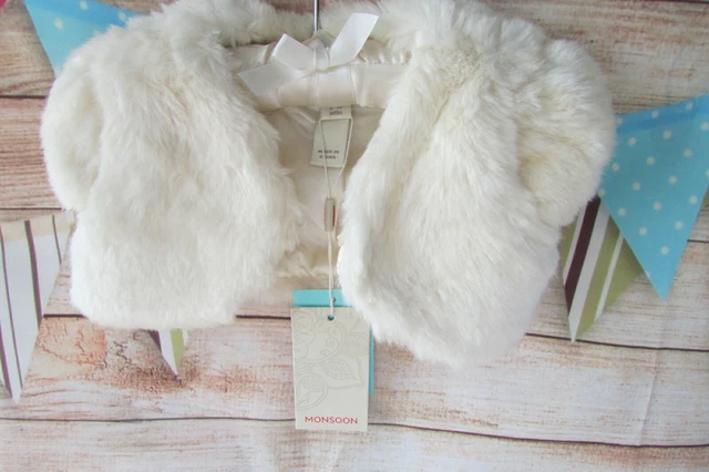 Giacca bolero Shrug in pelliccia d'avorio nuova con etichette taglia 3-6-9 mesi monsoon £28