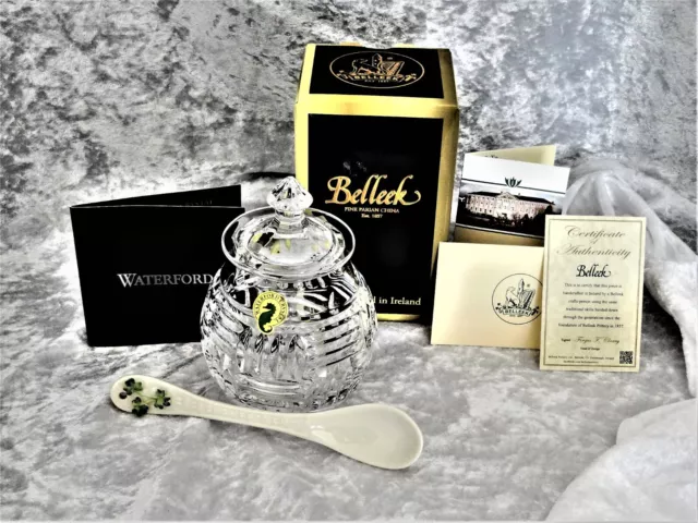 Waterford Crystal 8 oz Basketweave Honey Pot w/ *Belleek Shamrock Spoon* - NIB 2