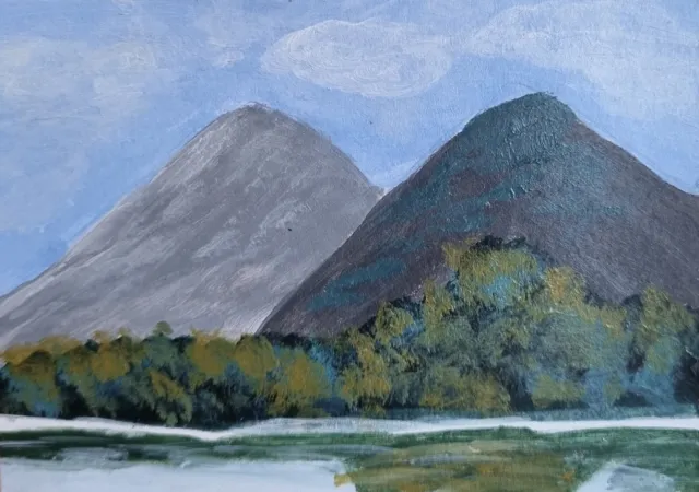ACEO Original Acrylic Painting Landscape Lake Mountains Miniature ATC Art Card
