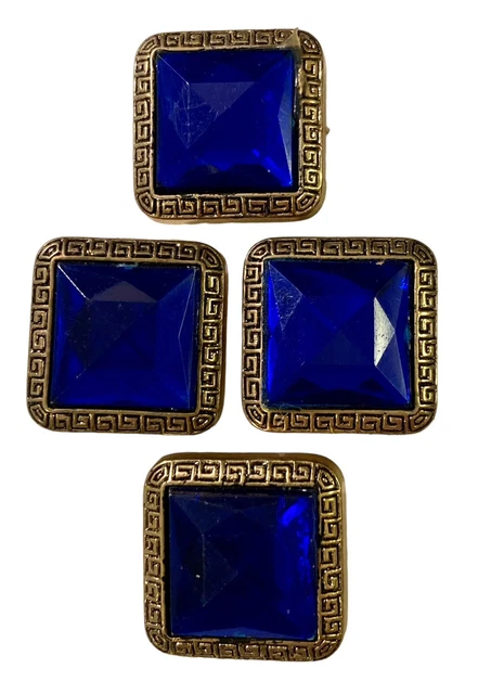 Juego de 4 cubiertas de botones de vidrio azul corte facetario antiguo tono plateado vintage
