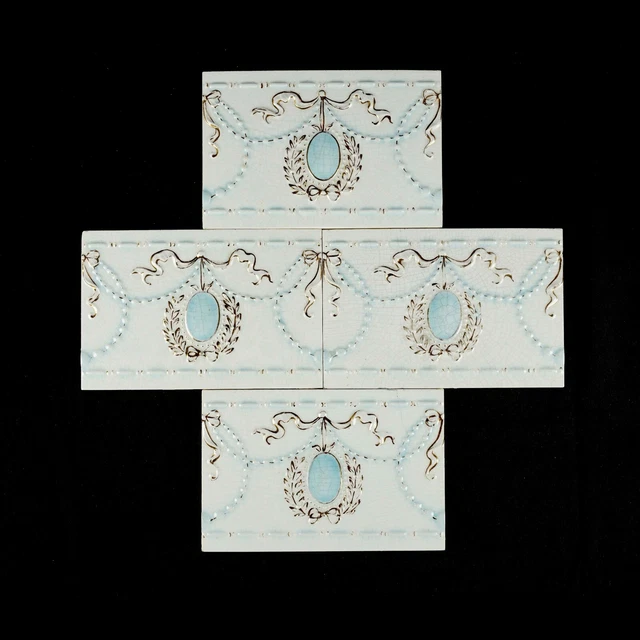 Antique Victorian Robertson White, Blue & Gold 6 x 4 Wall Tile Set