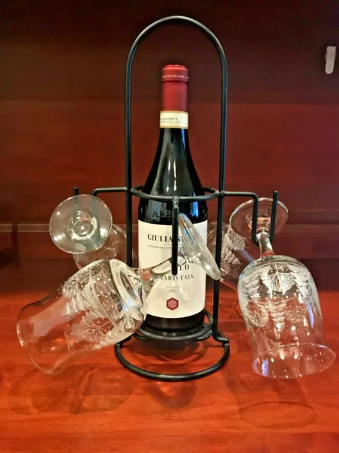 Vintage Wrought Iron Tabletop Wine Bottle & Glass Stand Rack Holder - Pier 1