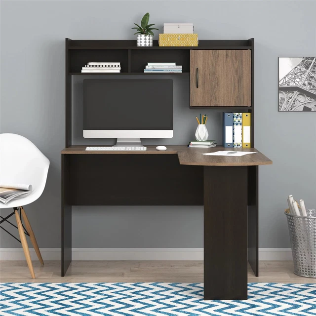 MAINSTAYS LSHAPED DESK with Hutch, Espresso/Rustic Oak 113.09 PicClick