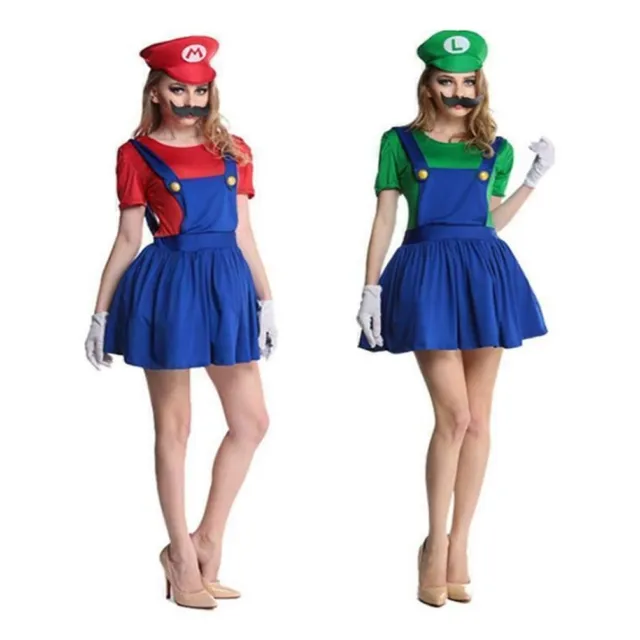 C24 - Damen Kostüm Super Mario Luigi Kleid Mütze S M L Karneval Fasching