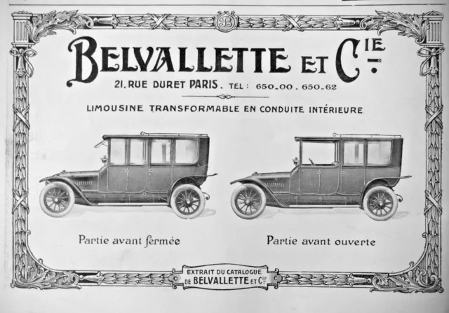 Publicité De Presse 1913 Automobiles Belvallette Limousine Transformable
