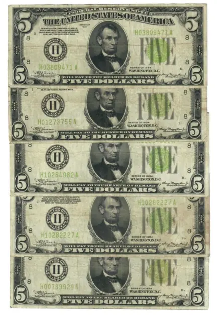 5 1934 $5 Federal Reserve Notes LGS St. Louis F/VF