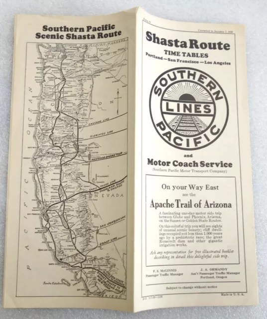 1929 Time Tables - Southern Pacific RR and Motor Coach Service / Shasta Route