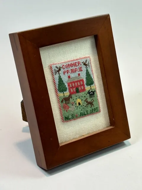 Vintage 1993 Framed Needlepoint Embroidery "Conner Prarie" Farmhouse 3" x 4"