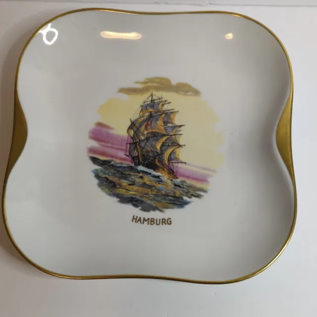 Edelstein Bavaria Tall Ship Sailing Nautical Platter Plate Hamburg Gold Trim Vtg