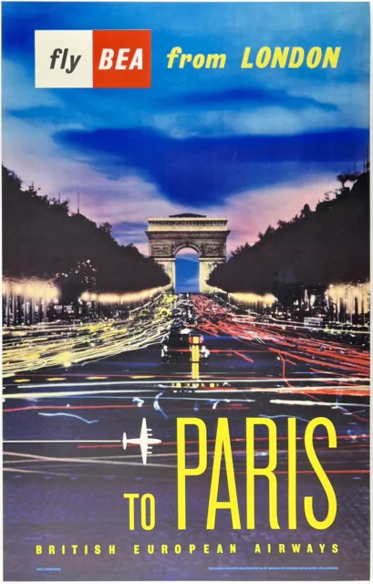 Original Vintage Poster FLY BEA FROM LONDON TO PARIS British European Airways OL