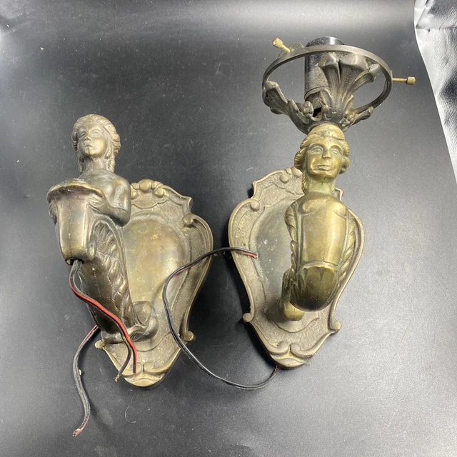 Antique Cast Iron PAIR Wall Mount Light Fixtures Figural Victorian