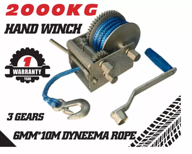 2000kg Hand Winch Dyneema Rope 3speed- Boat Car Marine Trailer