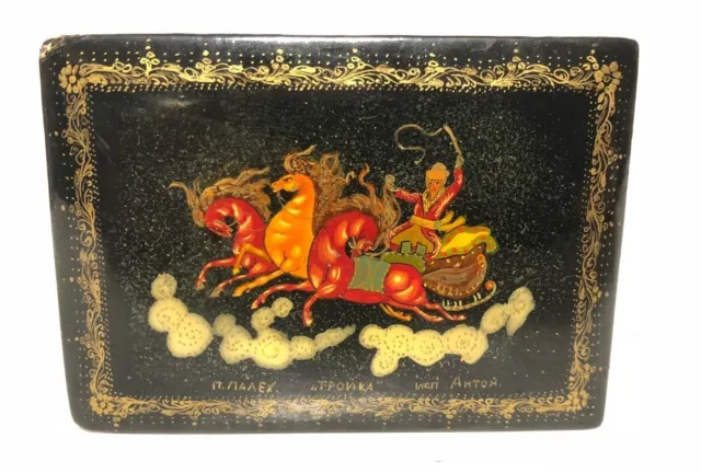 Rare Antique Artist Signed Hand Painted Russian Lacquer Box Troykas Palekh Horse