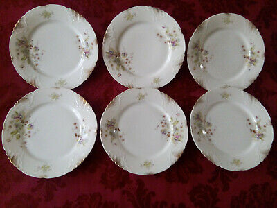 6 assiettes plates en porcelaine de Limoges décor lilas rose et boule de neige 