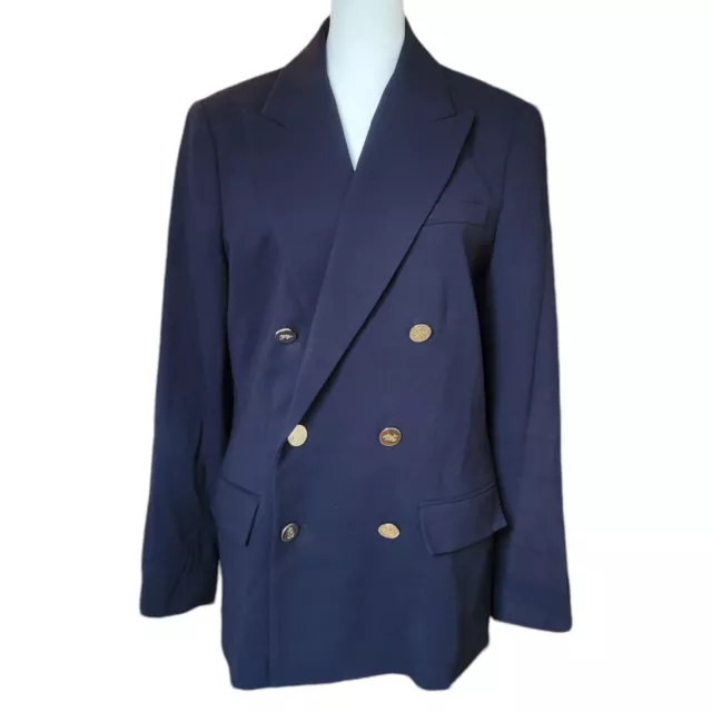 Ralph Lauren LRL Blazer Womens 12 Navy Gold Buttons Crepe Wool Double Breasted