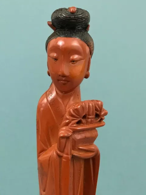 ATQ Chinese Hand Carved Red Bakelite Figurine Court Lady Figure Holding Flowers