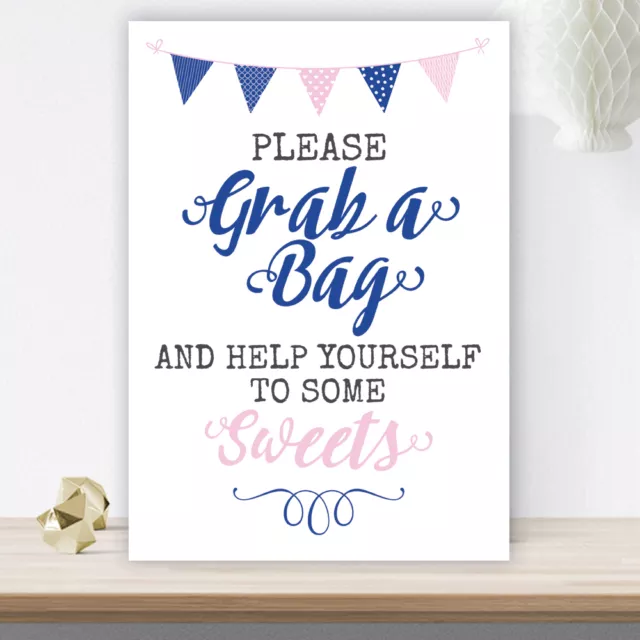 Pink & Blue Bunting Grab A Bag Candy Buffet Sweet Table Cart Sign Wedding (PBB2)