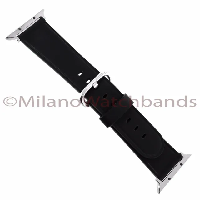 38mm Black Genuine Leather Watch Band With Metal Adapters Fits Apple Watch