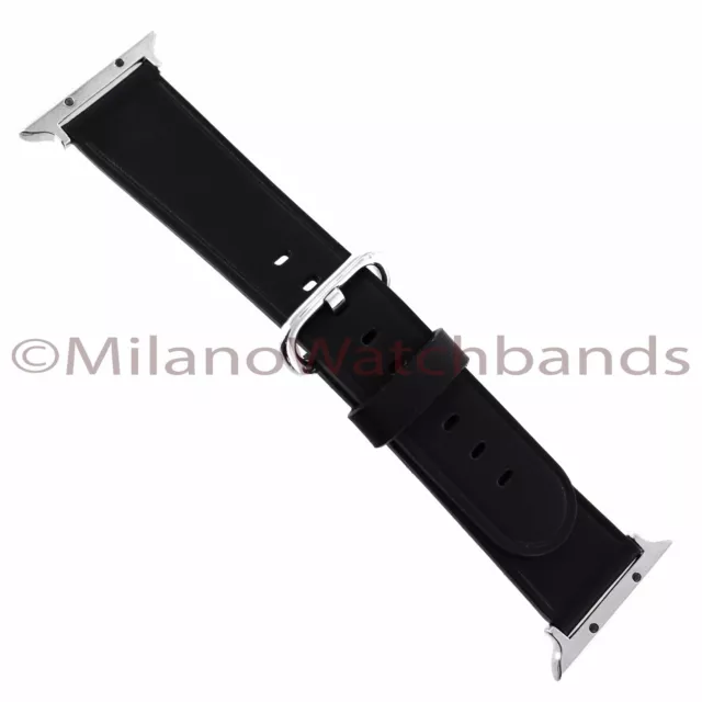 42mm Black Genuine Leather Watch Band With Metal Adapters Fits Apple Watch