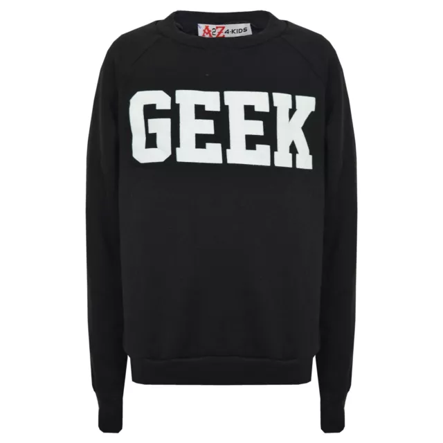 Bambine Nero Top Geek Stampa Felpa Top Maglione Camicia New Età 7-13 Anni