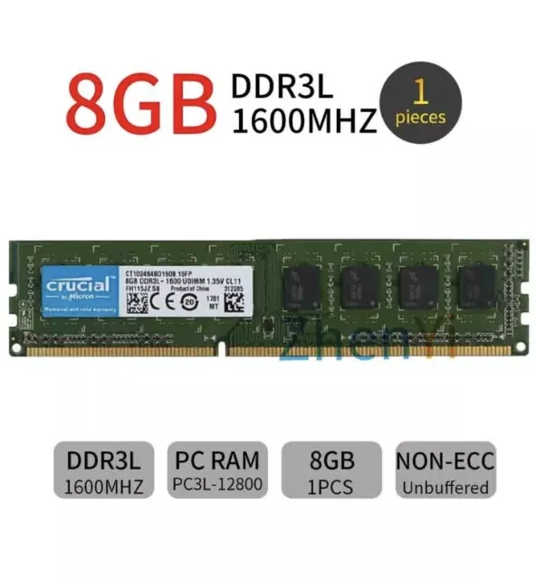 Lot 2x8Go (16Go) RAM DDR3 PC3L-12800U DIMM 1600Mhz 1.35v Mémoire
