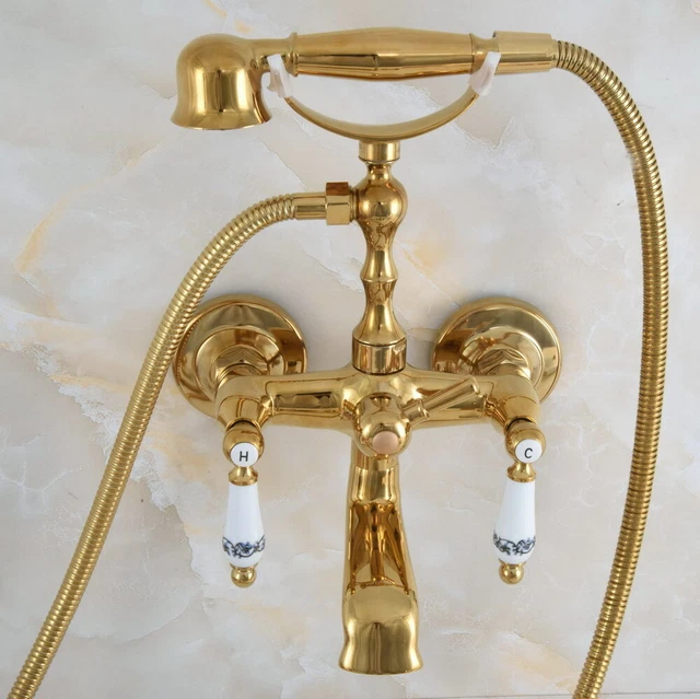 Wall Mount Claw-foot Bathtub Faucet Tub Filler Handheld Shower Gold Brass fna863