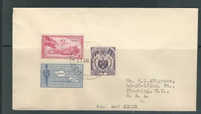 SAMOA 1958 REISSUED values set of 3 (Sc 220-222) on PLAIN FDC to NY USA