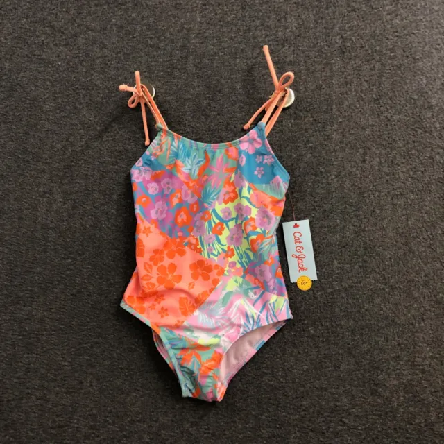 Cat & Jack Girls' Swimsuit Floral Print One Piece Back Tie XS 4-5 NWT
