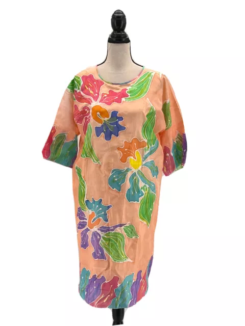 Penelope Womens Kaftan Dress Medium 100% Silk Orchid Floral Half Sleeves Vintage