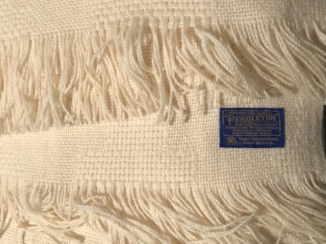 VTG 60s Pendleton Throw Blanket w/ Fringe Off White Cream 100% Pure Virgin Wool