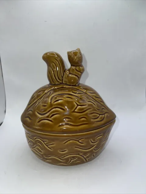 Vintage  Ceramic Squirrel On Walnut Brown Lidded Bowl Cookie Jar Candy Nut Dish