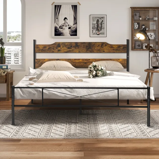 Lusimo Queen Size Metal Platform Bed Frame W/ Wooden Headboard, Black & Brown +A