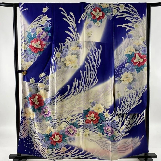 Japanese Kimono Furisode Pure Silk Flowers Embroidery Gold Thread Bluish Purple
