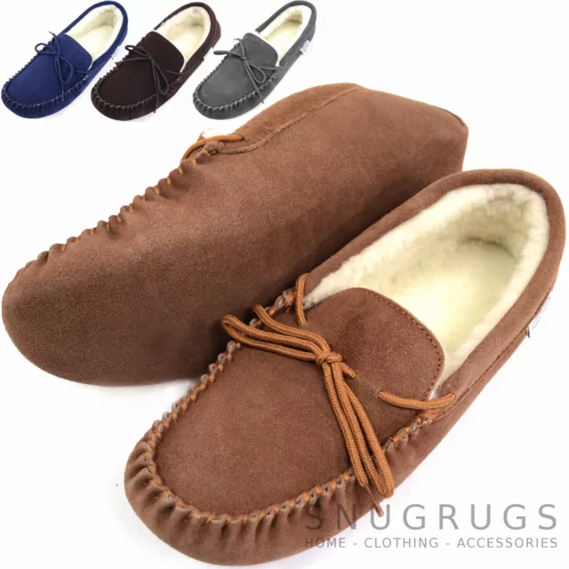 SNUGRUGS Mens Genuine Suede Moccasin Sheepskin Slippers Soft Suede Sole