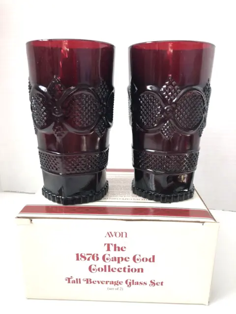 (2) AVON "1876 Cape Cod Collection" Ruby Red Glass 5.5" Tall Beverage Glass NIB