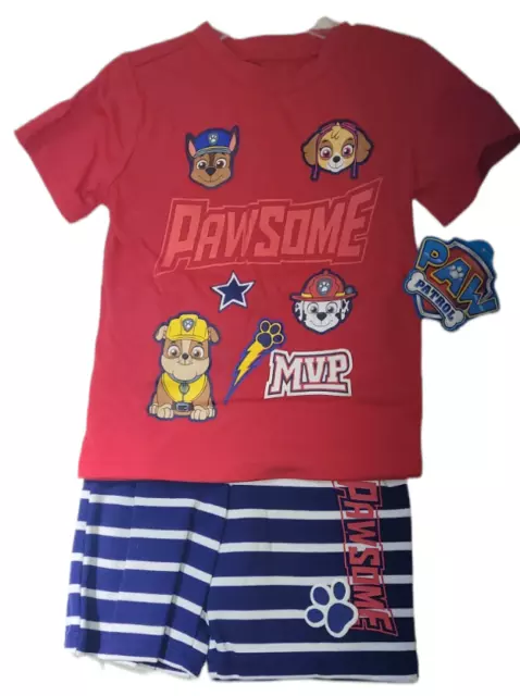 Paw Patrol Boys Red Blue Striped Nick Jr MVP Stretch T Shirt And Short Size 3T