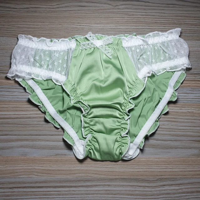 VINTAGE SATIN PANTIES Shiny Green Bikini White Bow Nylon Lace Size 7