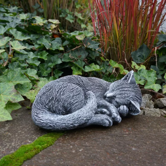 Massif Sculpture en Pierre Qui Dort Chat Antique 28 X 22 CM fonte de Freezeproof