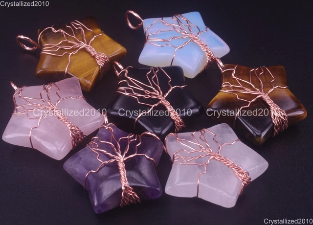 Natural Gemstones Star Handmade Wire Wrap Life Tree Pendant Beads Rose Gold 18K