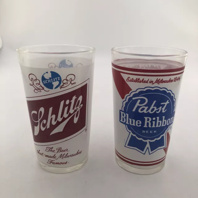 Pabst Blue Ribbon, Schlitz Set of 2 Assorted Beer Glasses ~ 5 1/4” Tall 2