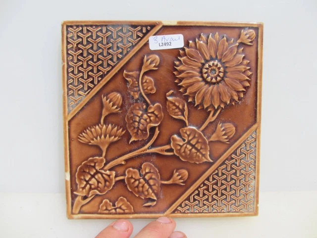 Antique Ceramic Tile Vintage Floral Art Nouveau Flowers Old Leaf