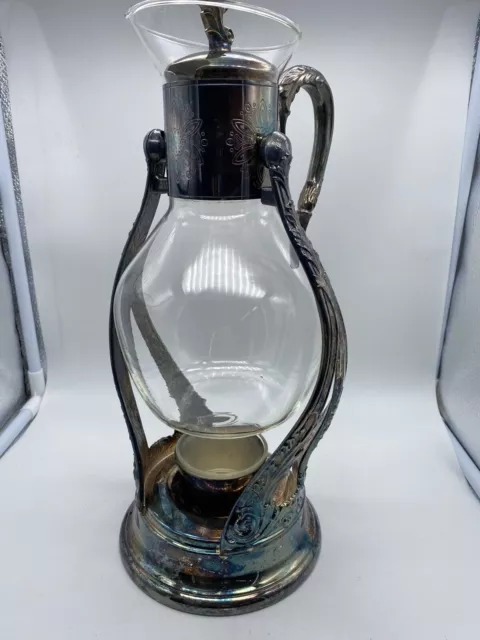 Vintage Silver Plated & Glass Coffee Carafe Pot with ORNATE Warmer Stand! NICE!