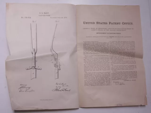 Pre-1919 Patent Notice GL Hart Carving Fork #179916 1876 JD Frary Ephemera L926C
