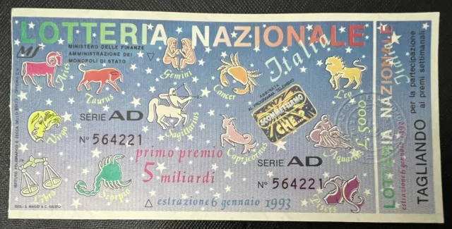 Biglietto Lotteria Nazionale Italia 1992 con tagliando estrazione 6 gennaio 1993