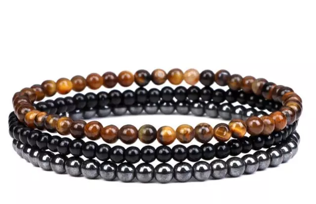 Lot de 3 Bracelets Oeil de tigre, Hématite, Onyx, Sur mesure pour Homme ou Femme