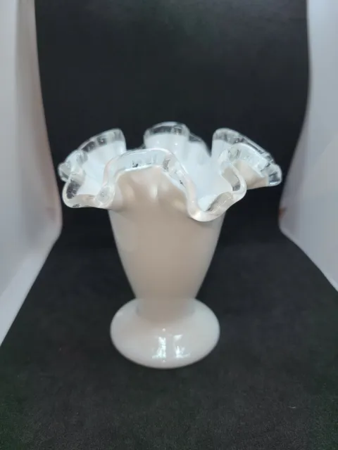 Fenton Milk Glass Silver Crest Wavy Ruffled Edge Small Vase Original Sticker